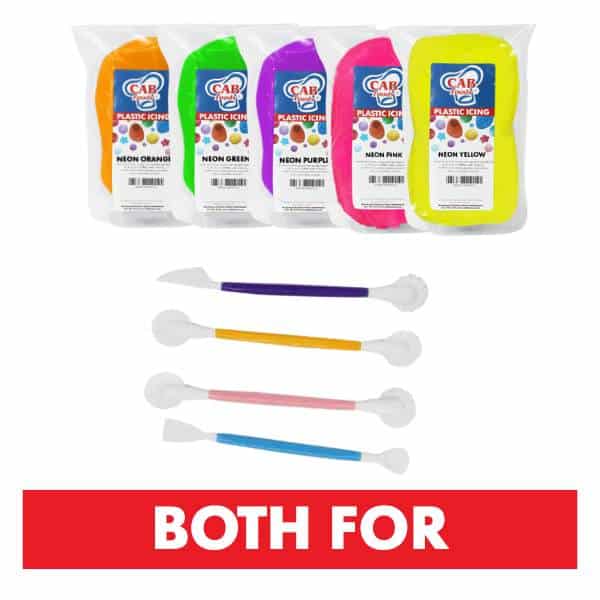Assorted Neon Plastic Icing 250g + 4 Piece Sculpting Tool Set